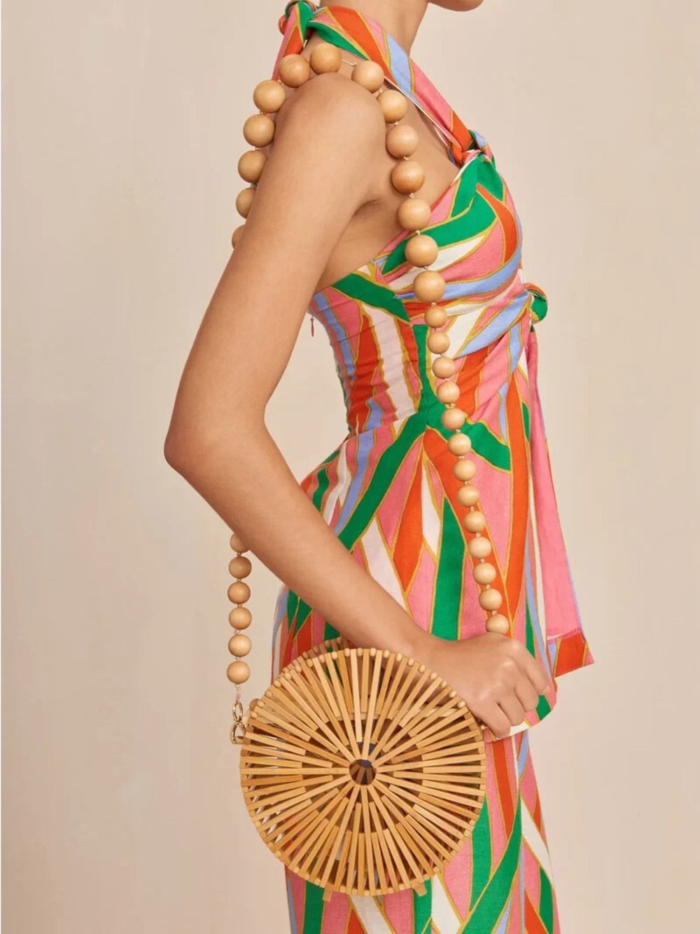 Cult Gaia Luna Round Bamboo Crossbody Bag Cutout Wood Beaded Strap